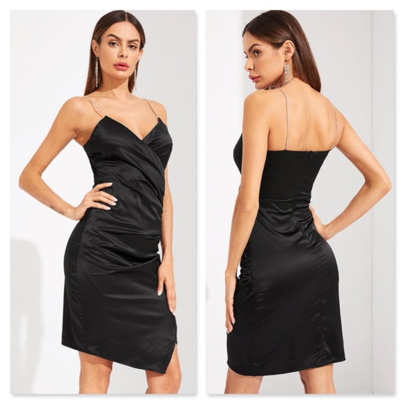 Black Satin Wrap Rhinestone Ruched Bodycon Dress - Picture 3 of 9